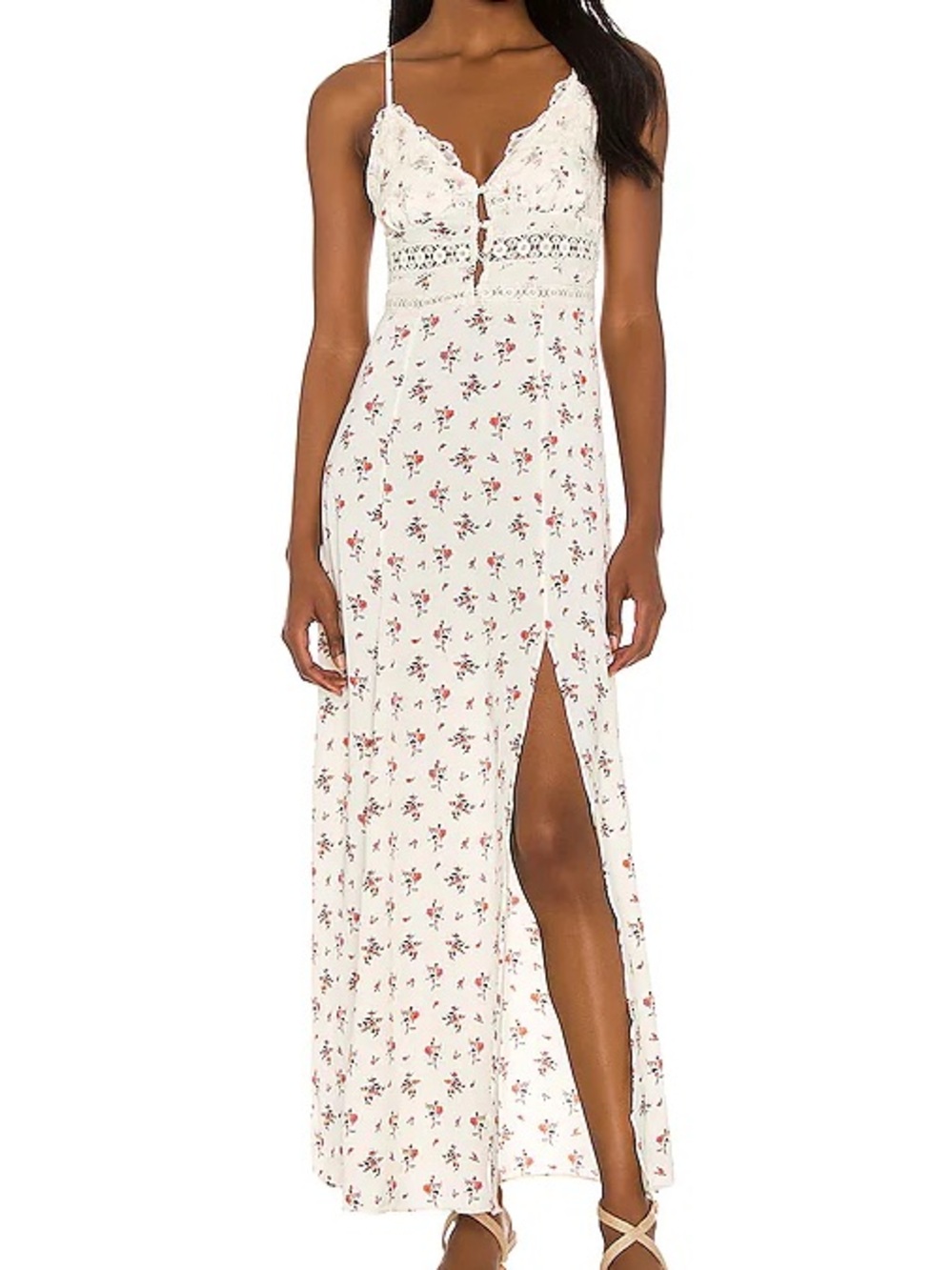 Free People Out and About Cream Floral Lace-Trim Maxi Dress Small Side Slit boho